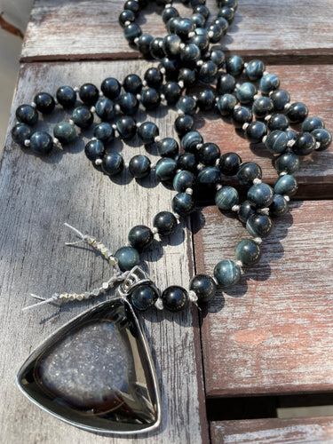 tiger's eye druzy mala necklace comotocapri black triangle hand knotted como to capri necklace