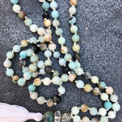 Amazonite Mala (white tassel)-mala necklace-Como To Capri-mala beads-yoga