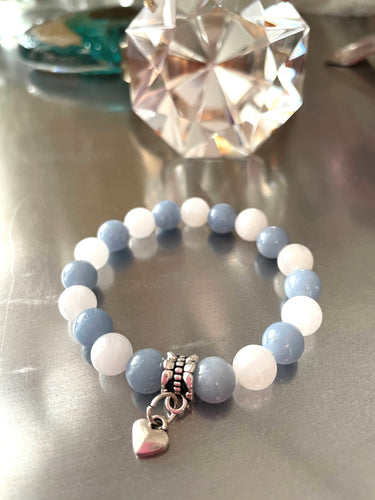 white jade blue angelite mala bracelet silver heart charm comotocapri power