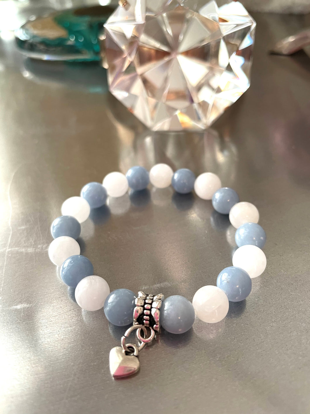 white jade blue angelite mala bracelet silver heart charm comotocapri power